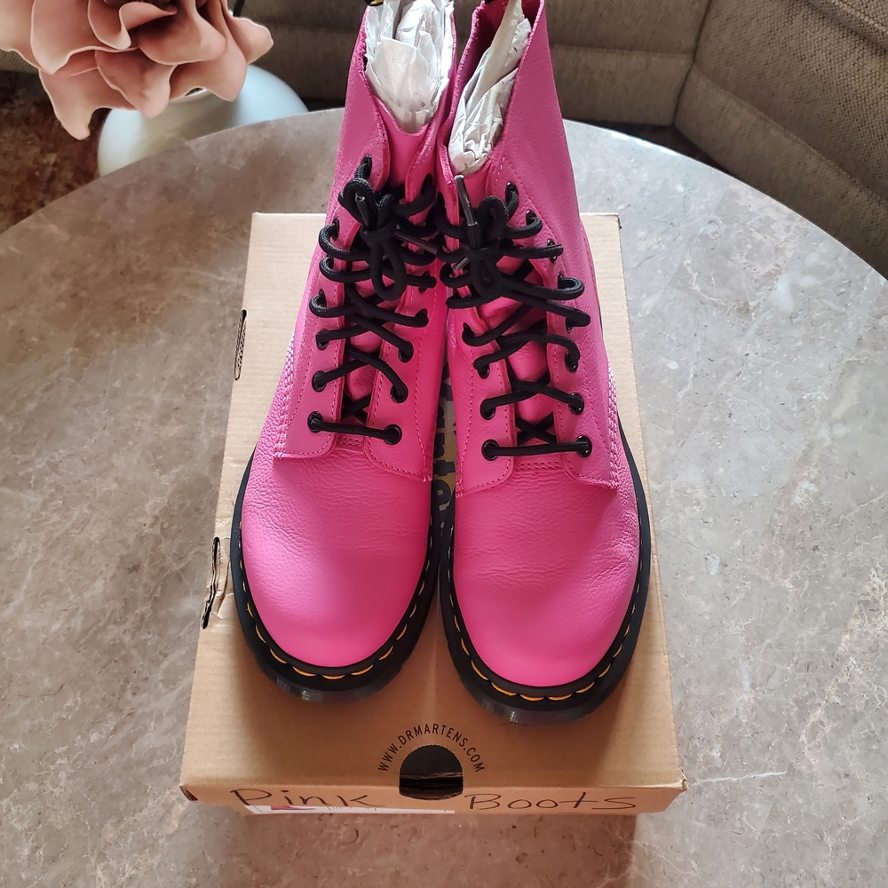 Dr. Martens Bright Pink Leather Lace-Up Boots with Black Trim